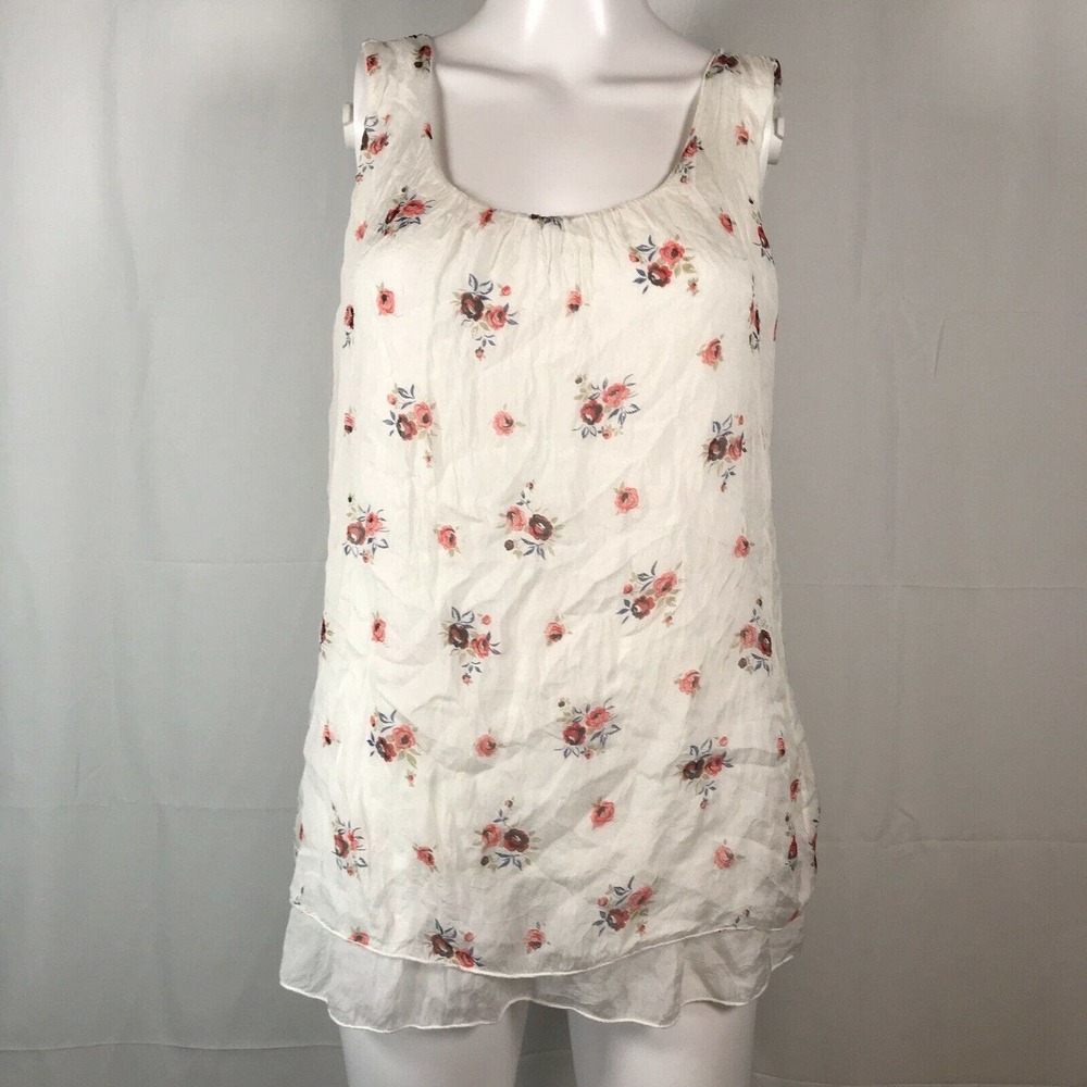 Via Signoria Shirt Womens Sz S White Floral Silk Tank Top Ruffle Made In Italy‎